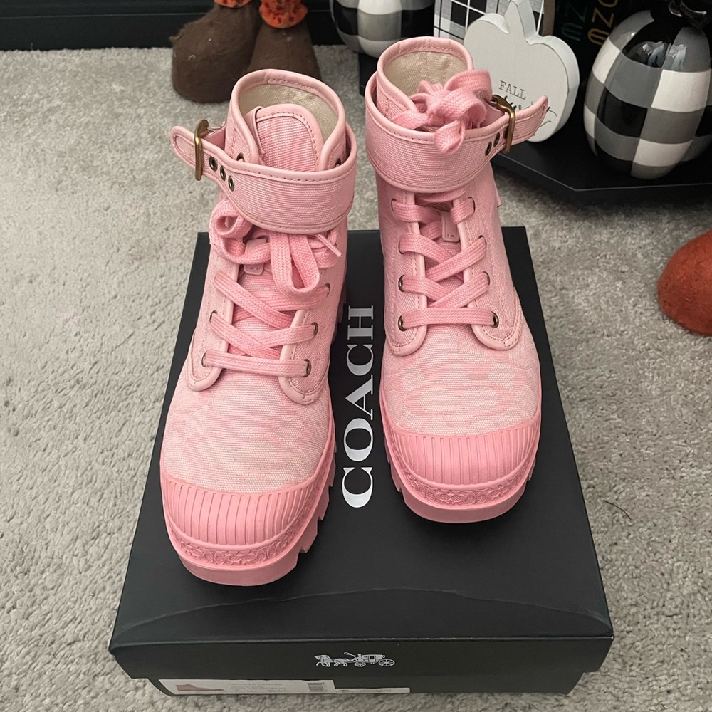 Coach Women Pink Trooper Canvas Mid Top Boots 7 CRYSTAL ROSE
